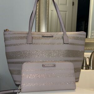 new Kate Spade set Hani Haven Lane Glitter Tote neda wallet purple gray